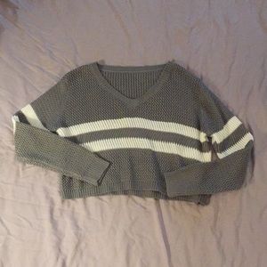 Grey and white striped v neck sweater